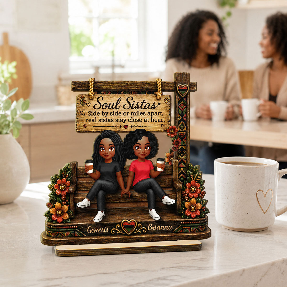 Soul Sistas Sitting Under Sign Post 2D Flat Printed - Personalized 2-Layered Wooden Plaque - Friendship Keepsake