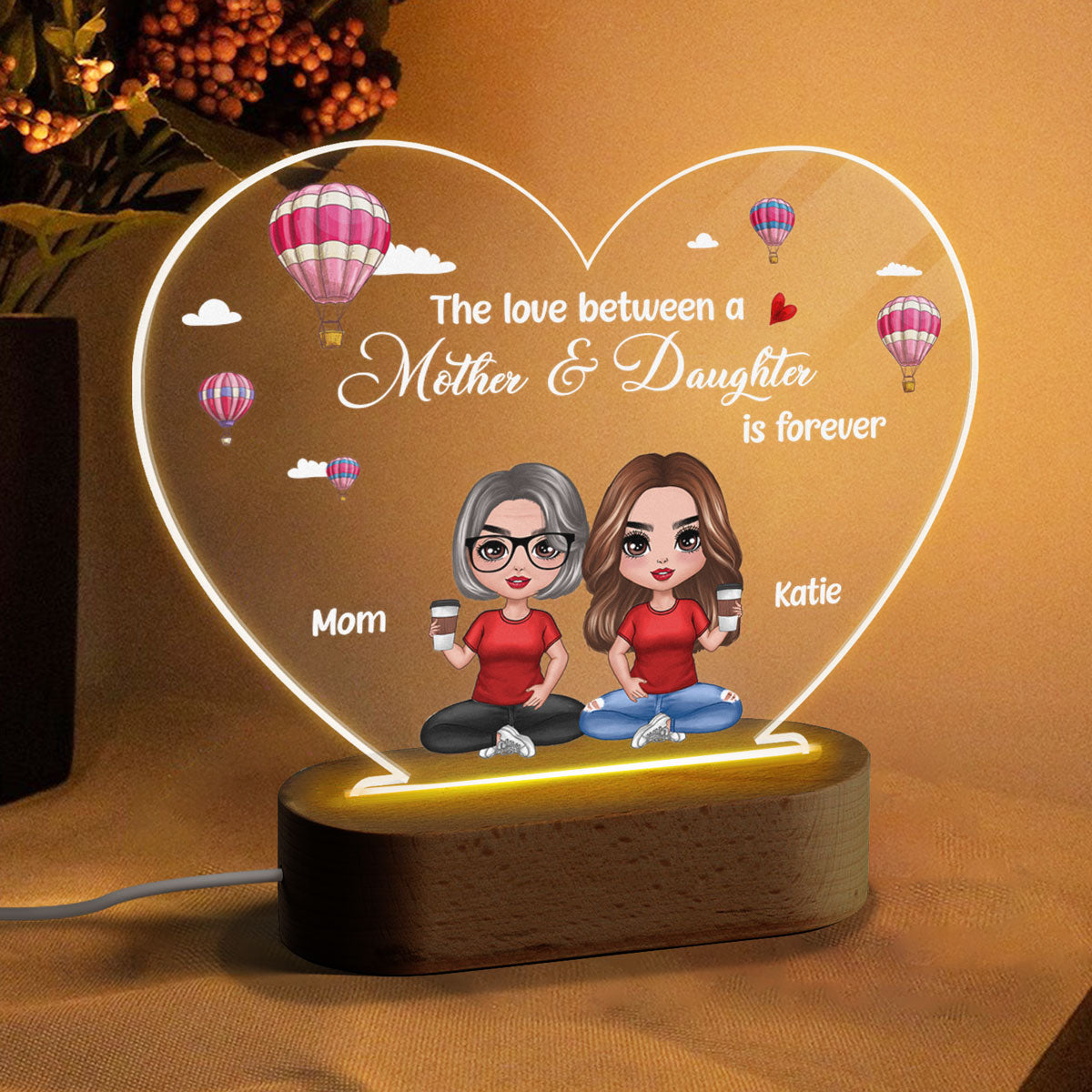 Mom Daughters Air Balloon Mother‘s Day Gift Personalized Heart Plaque LED Night Light