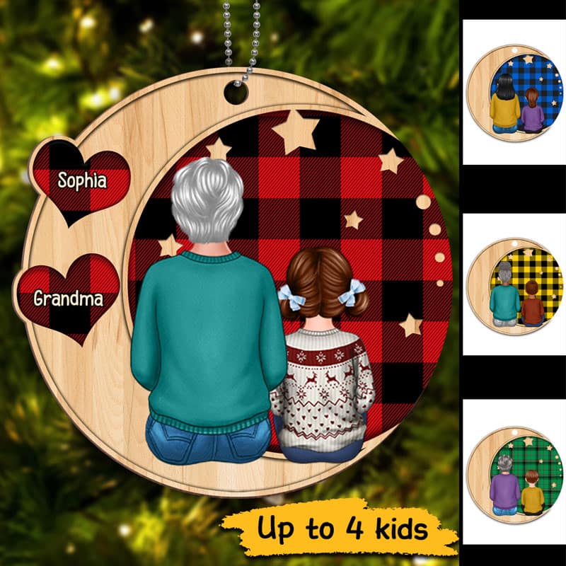 Moon Heart Checkered Grandma Grandkids Personalized Wooden Ornament