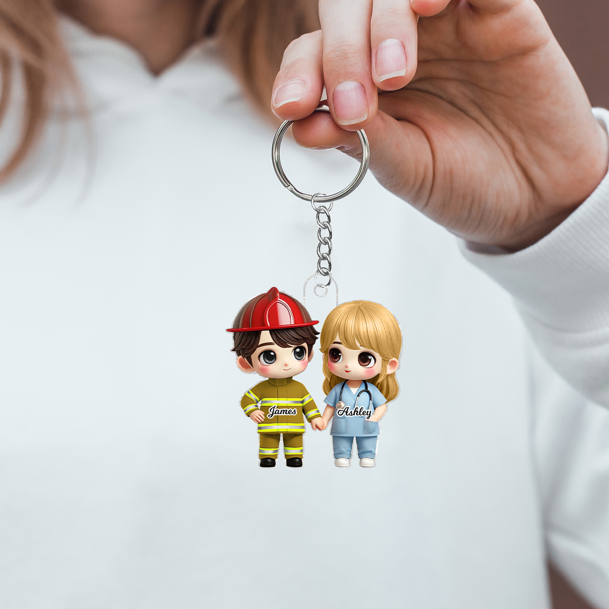 3D Effect Cute Cartoon Couple Gift by Occupation Gift For Her Gift For Him Personalized Acrylic Keychain, Anniversary Gift For Couple