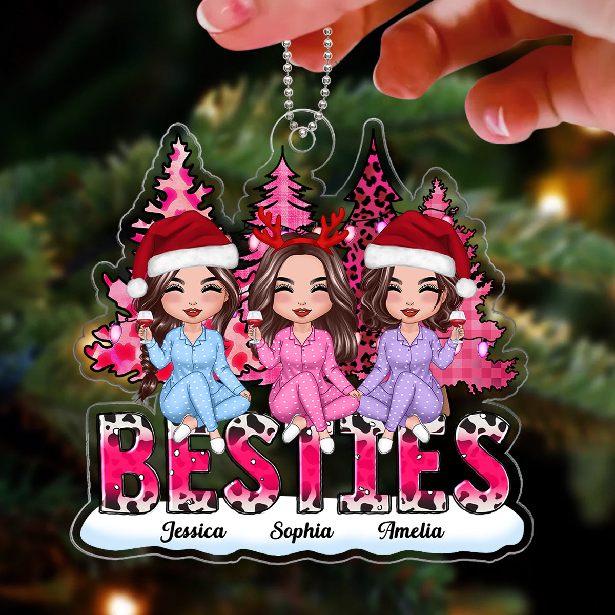 Pink Leopard Christmas Trees Besties Sisters Personalized Acrylic Ornament