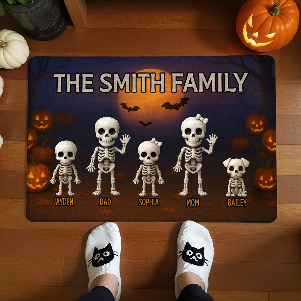 3D Effect Halloween Spooky Theme Funny Skeleton Family Personalized Doormat
