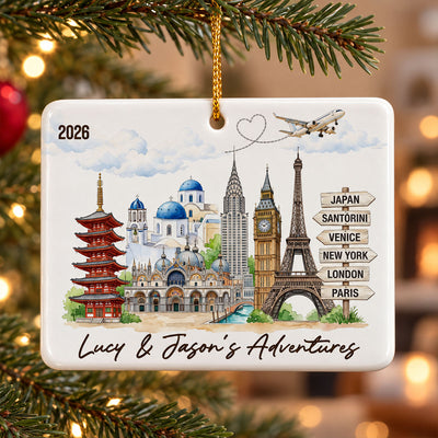 Watercolor Travel Destinations The Places You've Been - Personalized Ceramic Ornament - Traveling Destination Keepsake, Christmas Tree Decor For Traveling Lovers