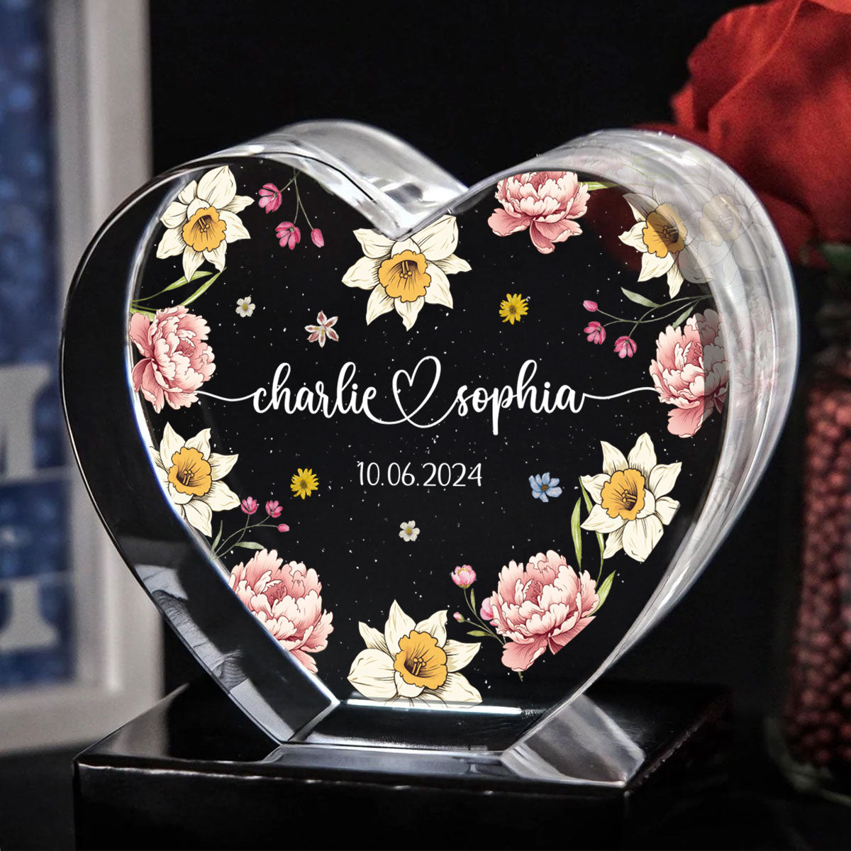 Couple Name Birth Month Flower Premium Crystal Heart LED, Unique Personalized Gift For Couple, For Him, For Her, Perfect Last-minute Valentine's Gift, Free Delivery