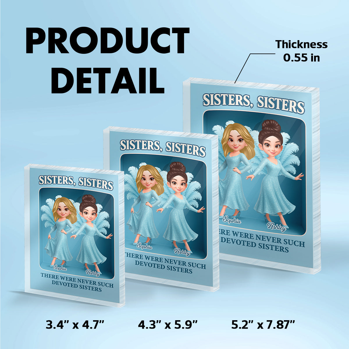 Pretty Cartoon Sisters Besties Blue Dress Toy Box Figure Style Personalized Acrylic Block Plaque