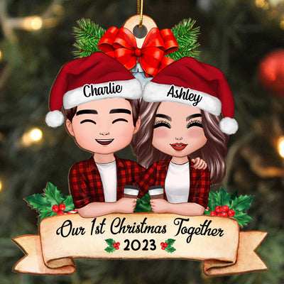 Our First Christmas Couple Holding Drink Personalized Wooden Ornament