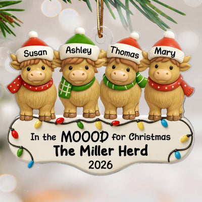 3D Effect Highland Cows Family Herd In The Moood For Christmas Personalized Acrylic Ornament, Christmas Decor