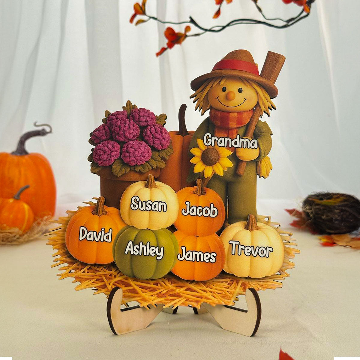 Fall Scarecrow Grandma with Pumpkins Grandkids Names 3D Effect Personalized 2-Layer Wooden Plaque