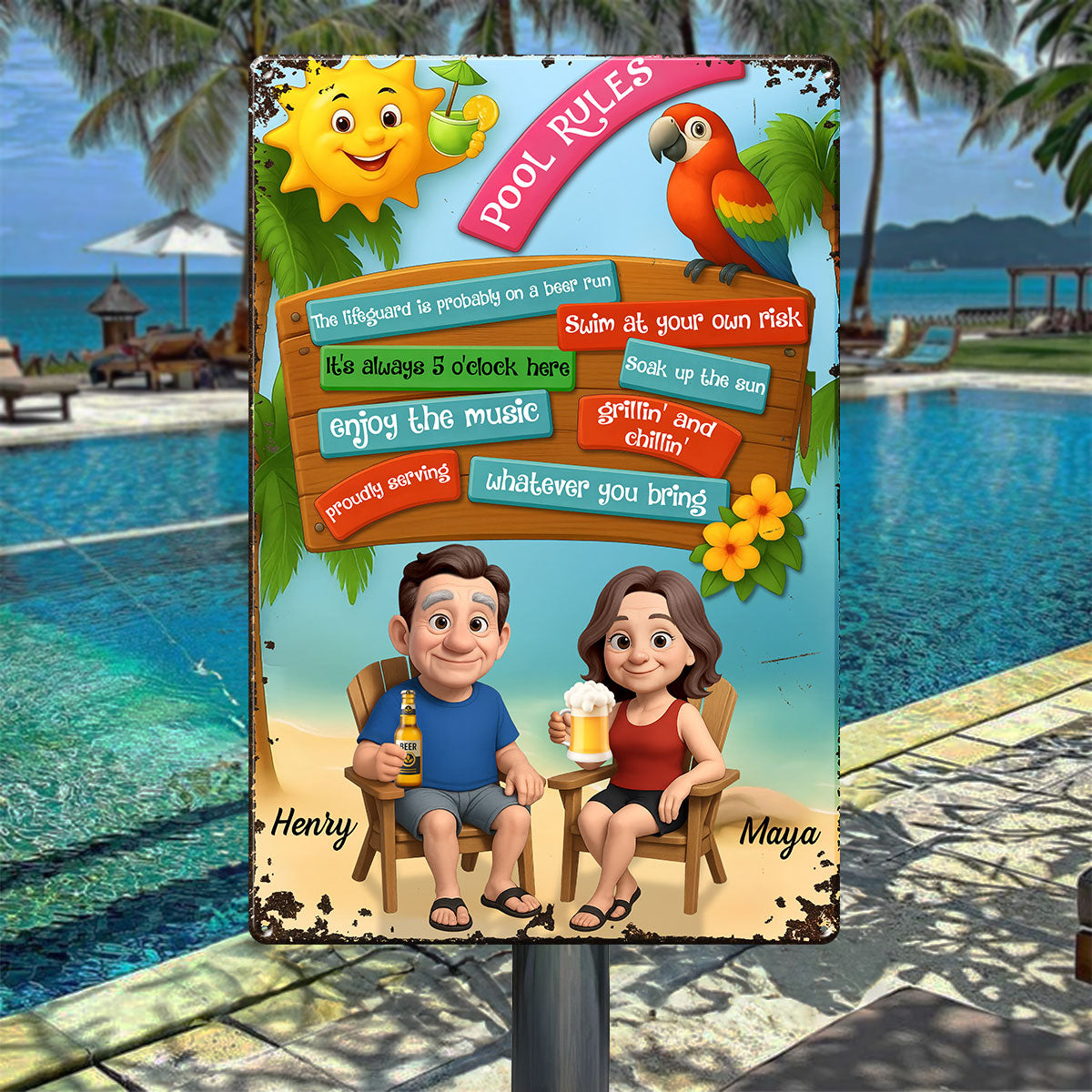 Pool Rules Couple Summer 3D Effect Personalized Metal Sign