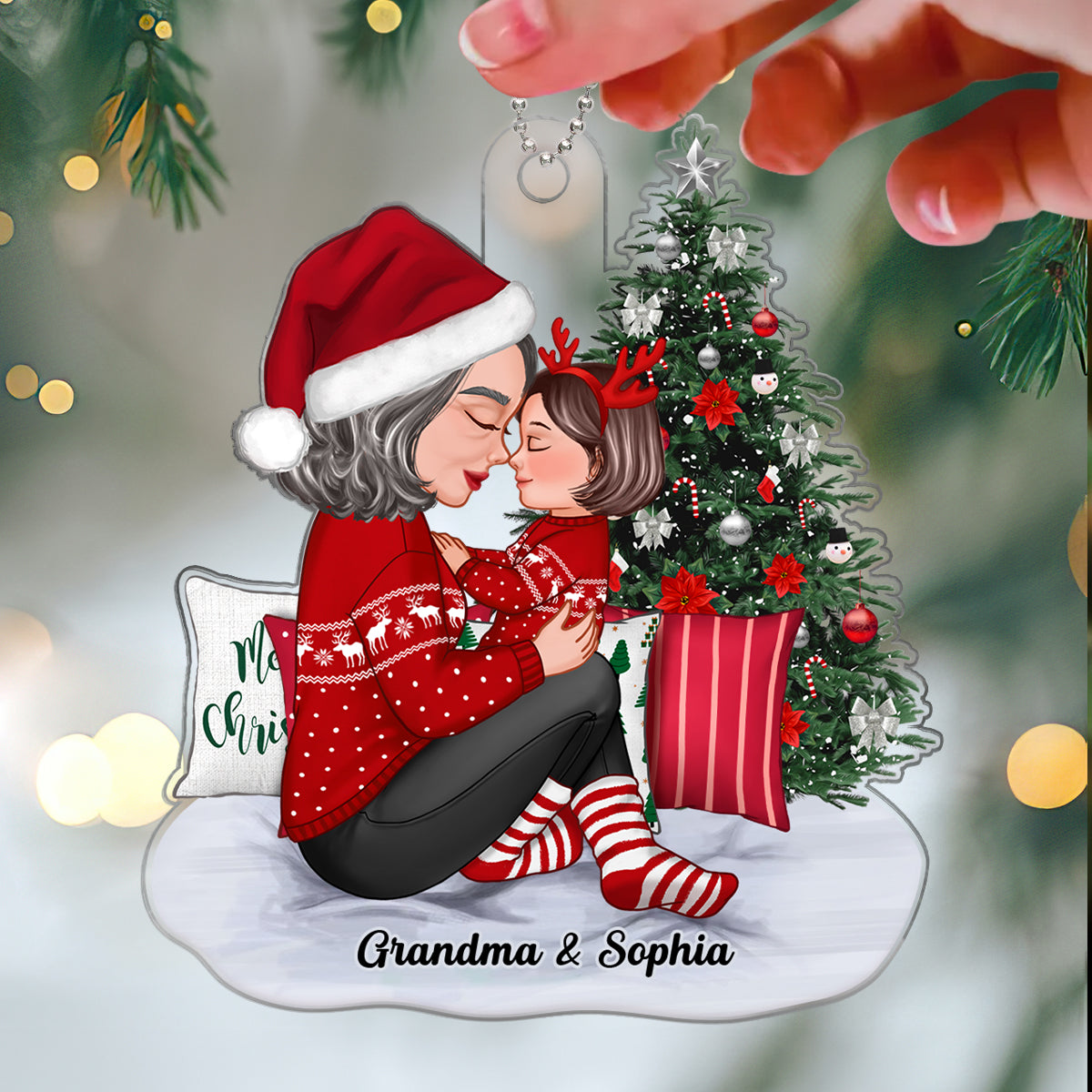 Grandma Mom Holding Kid Sitting On Christmas Bed Personalized Acrylic Ornament