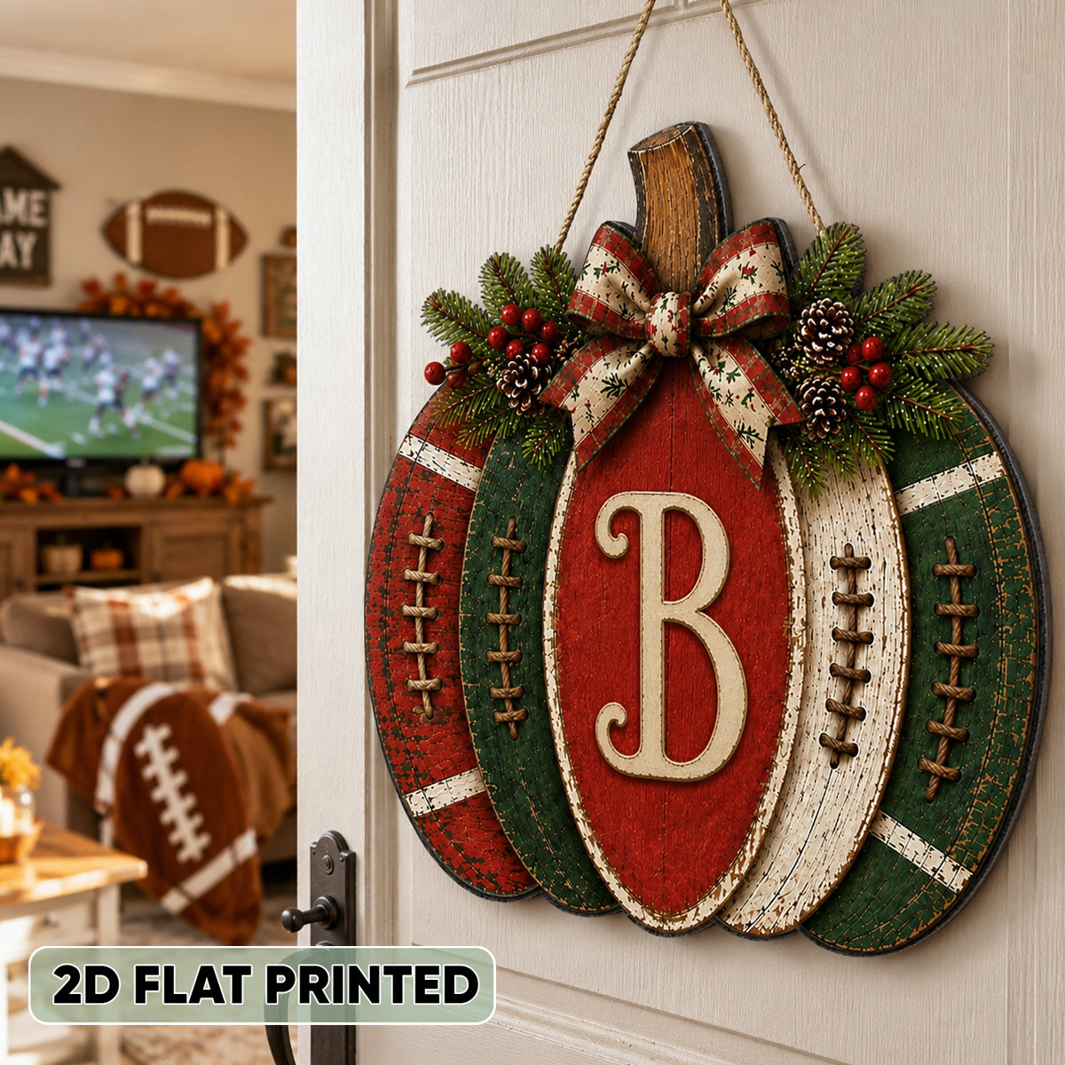 Pumpkin Football Family Initial - Personalized Door Hanger Sign - Rustic Front Porch Fall Decor