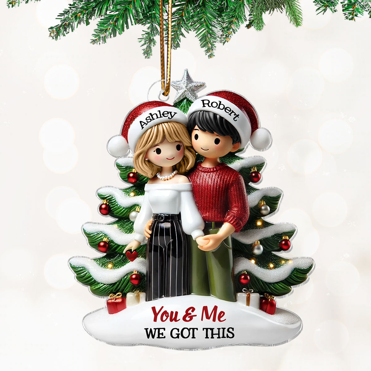 Couple Standing In Front Of The Christmas Tree Personalized 2D Flat Acrylic Ornament,  Christmas Gift For Him, For Her
