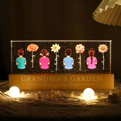 Vintage Birth Month Flowers Grandma's Garden - Personalized Acrylic Block Plaque LED Night Light - Gift for Mom, Gift for Grandma, Gift for Wife