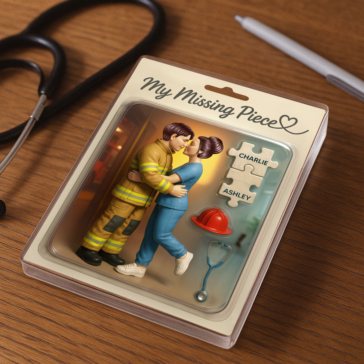 My Missing Piece Firefighter Nurse Couple Personalized Acrylic Block Plaque, Gift for Him, Gift for Her