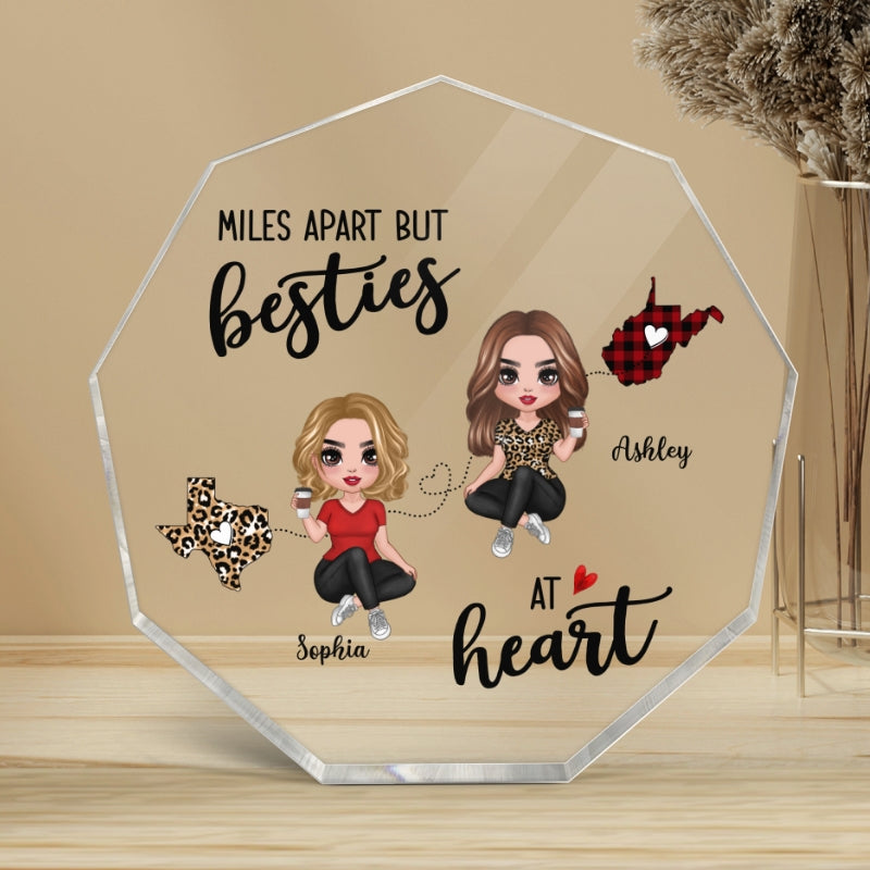 Miles Apart Long Distance Besties At Heart Personalized Nonagon Acrylic Plaque - Gift For Best Friends, Sisters