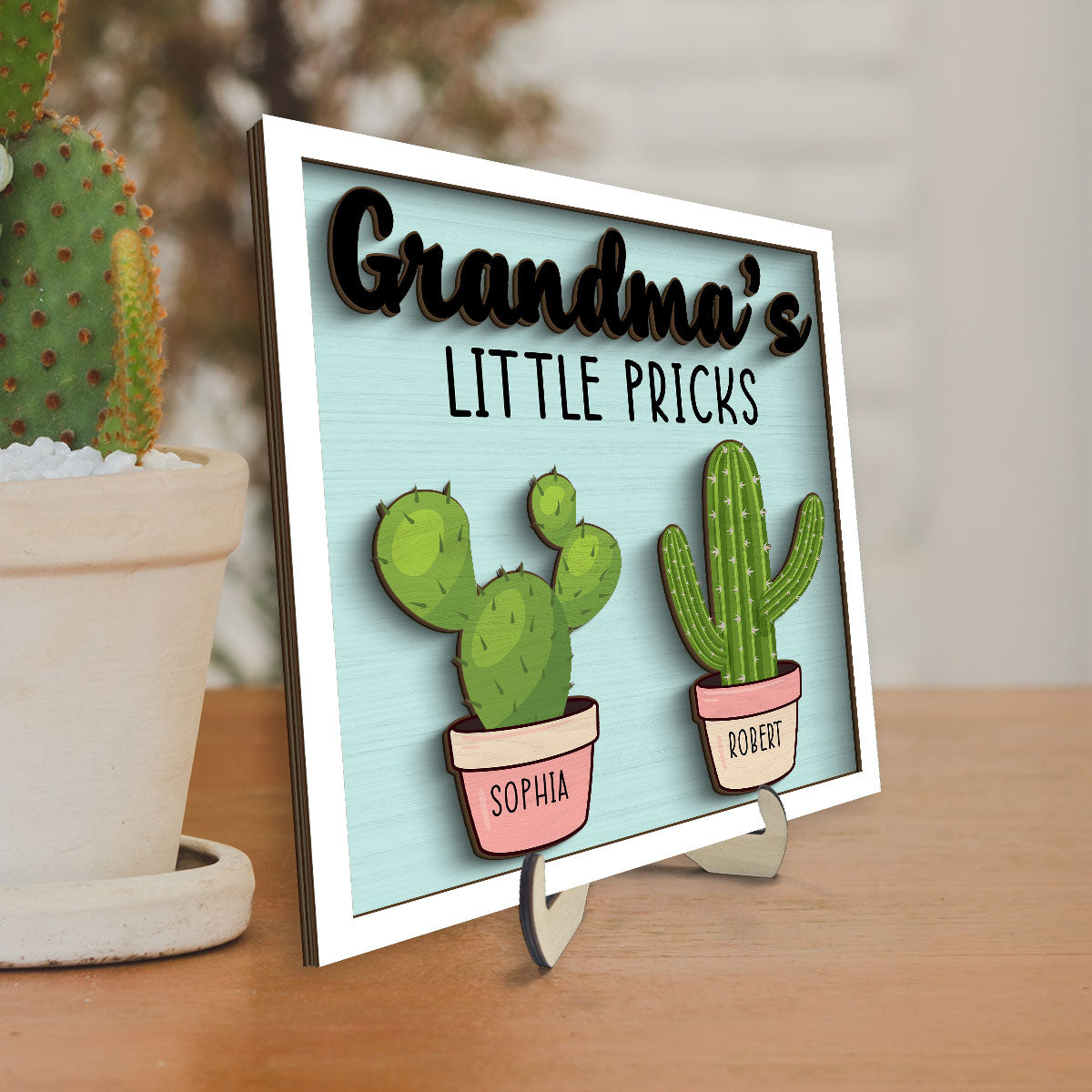 Grandma Mom Little Pricks Cactus Personalized 2-layer Wooden Plaque