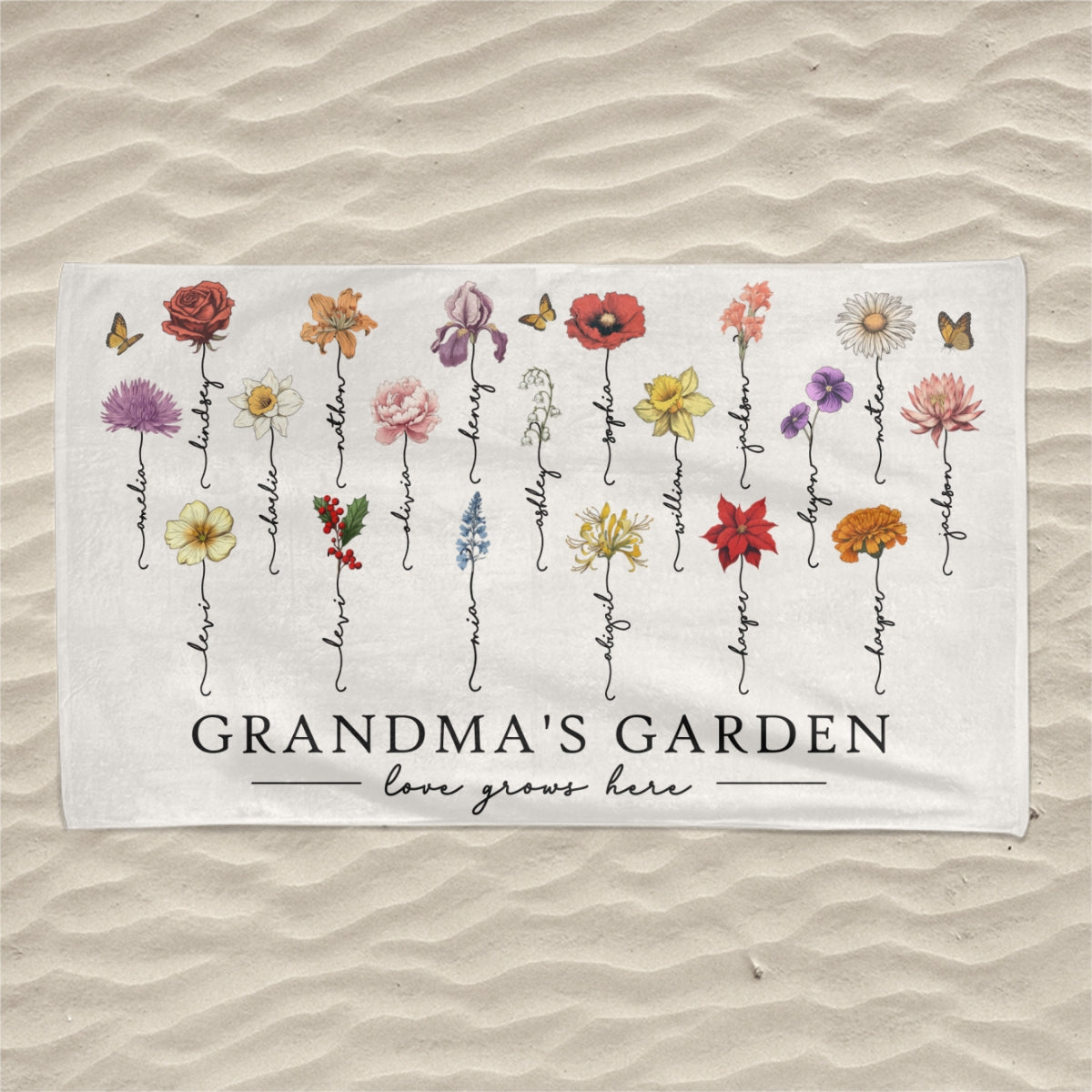 Grandma‘s Garden Love Grows Here Beautiful Birth Month Flower Gift For Grandma Mom Personalized Beach Towel
