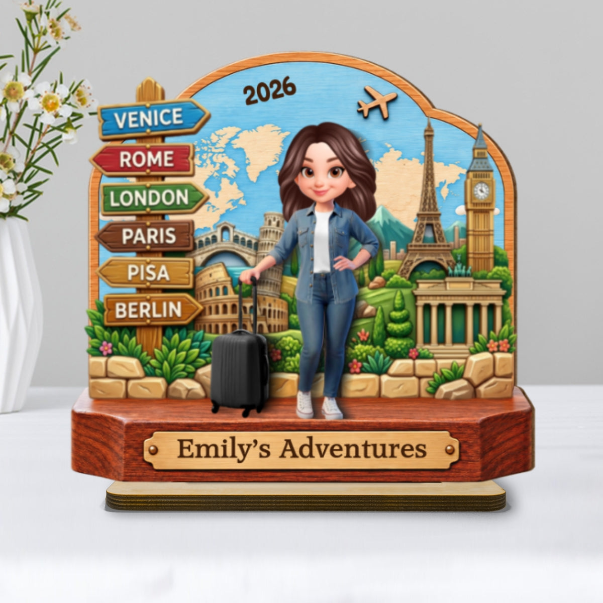 Travel Destination Landmarks 2D Flat Printed - Personalized 2-Layered Wooden Plaque - Traveling Keepsake, Gift For Travel Travel Lovers