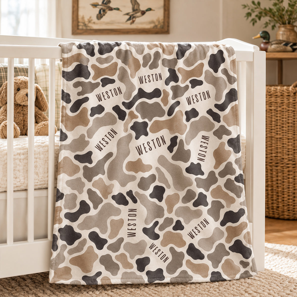 Wildlife Camo Print Custom Baby Name - Personalized Fleece Blanket - Nursery Hunting Theme For Baby Boy