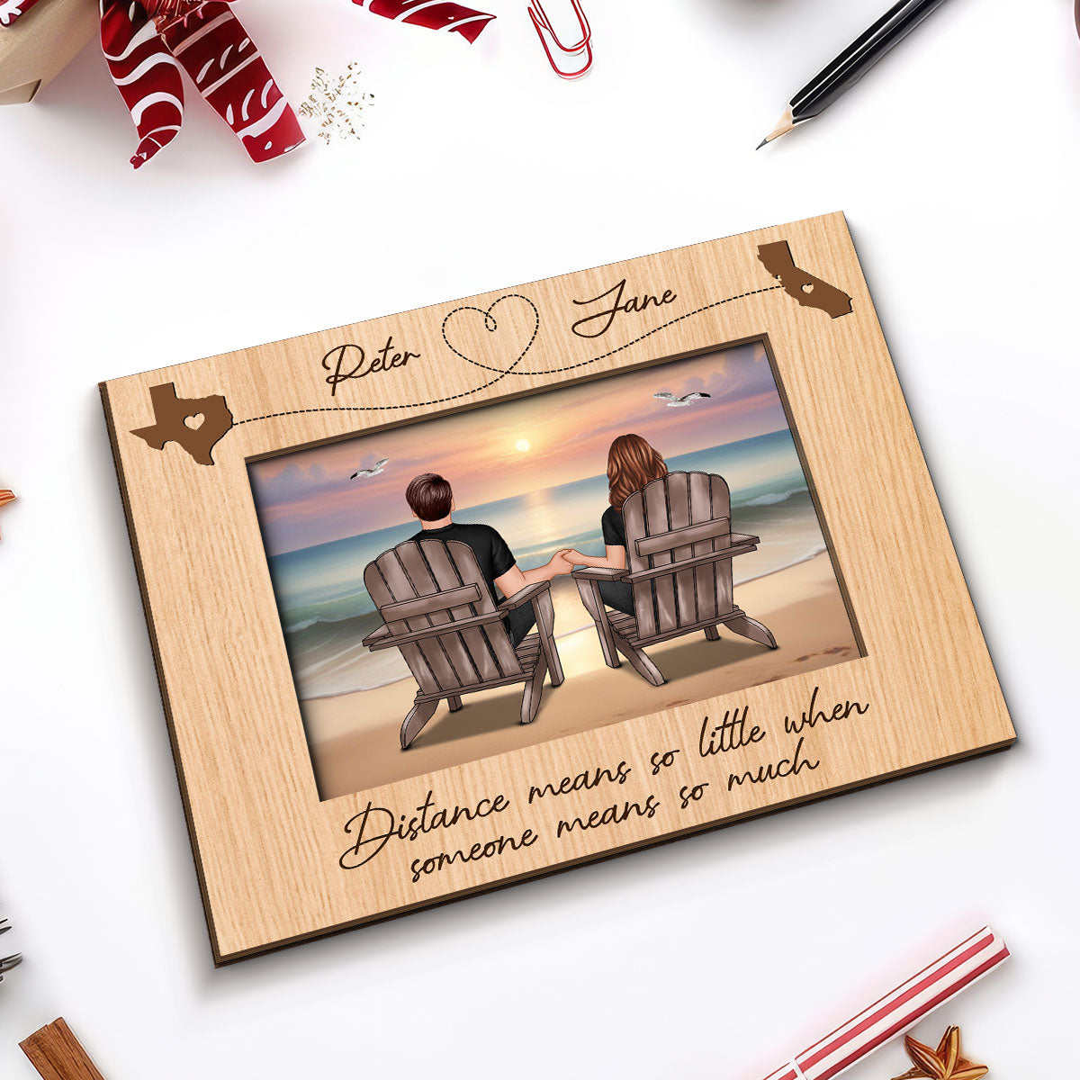 Long Distance Couple Sitting Back View At Beach Personalized 2-Layer Wooden Plaque