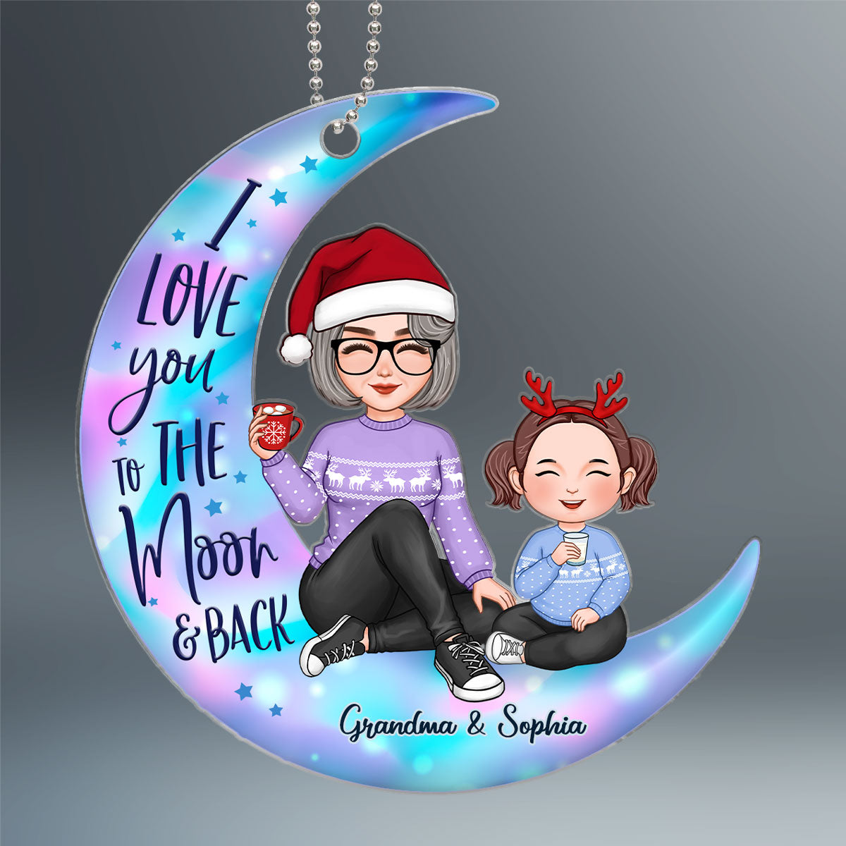 Colorful Cute Grandma & Grandkid On Moon Christmas Gift For Granddaughter Grandson Personalized Acrylic Ornament