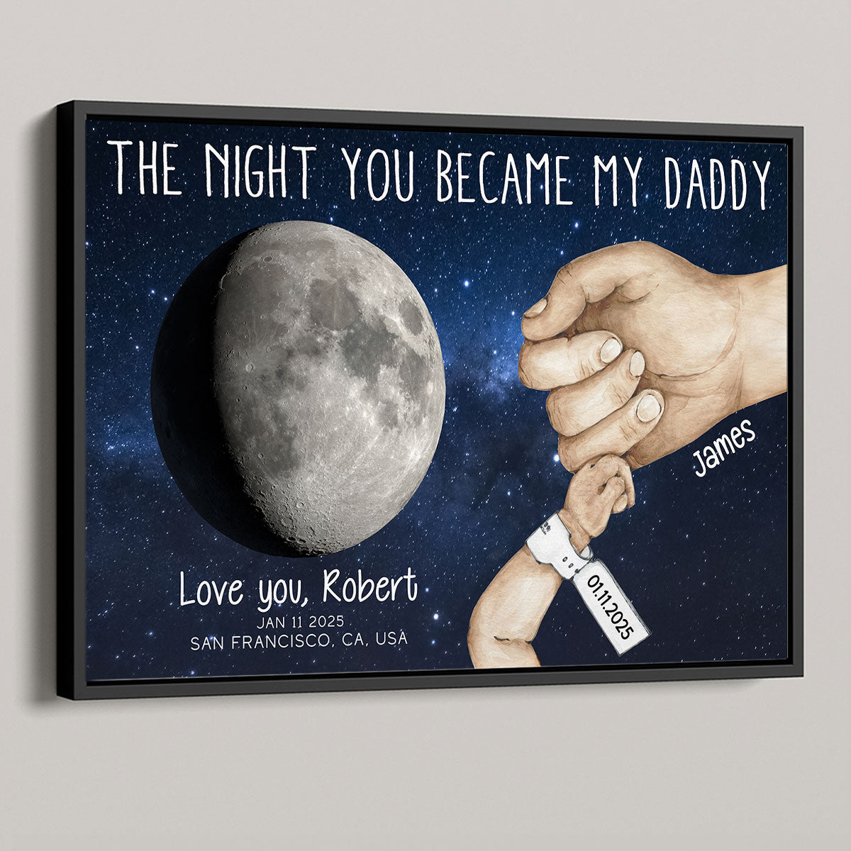 Daddy Newborn Holding Hands Moon Phase Art Personalized Poster, Gift For New Dad, First Time Dad