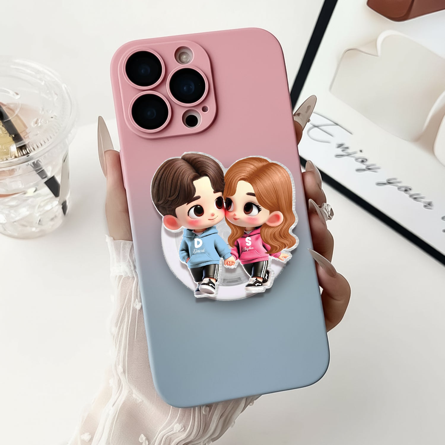 3D Effect Cute Cartoon Couple Holding Hands - Personalized Acrylic Magnetic Phone Grip - Matching Phone Grips for Couples