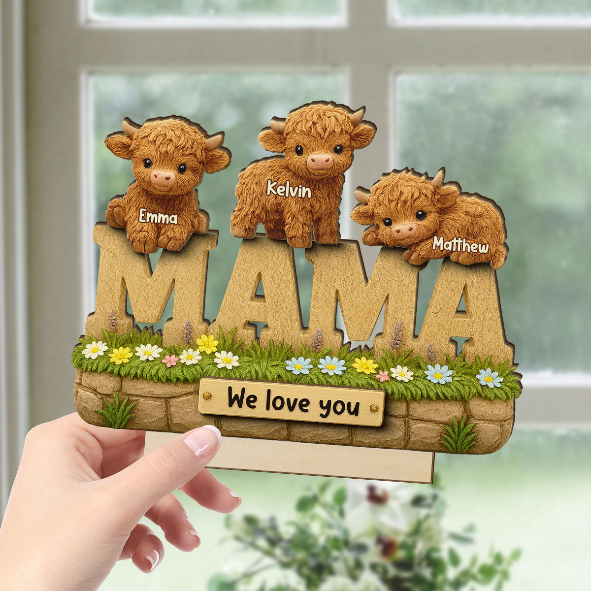 3D Effect Mama Cute Highland Cow Kids Names Personalized 2-Layer Standing Wooden Plaque, Unique Gift For Mom, Grandma