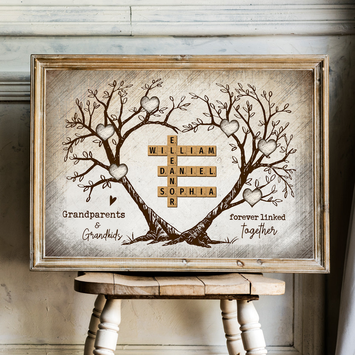 Grandparents & Grandkids Forever Linked Together Heart Tree Puzzle Crossword Art Personalized Poster, Gift For Grandparents, Grandma, Grandpa