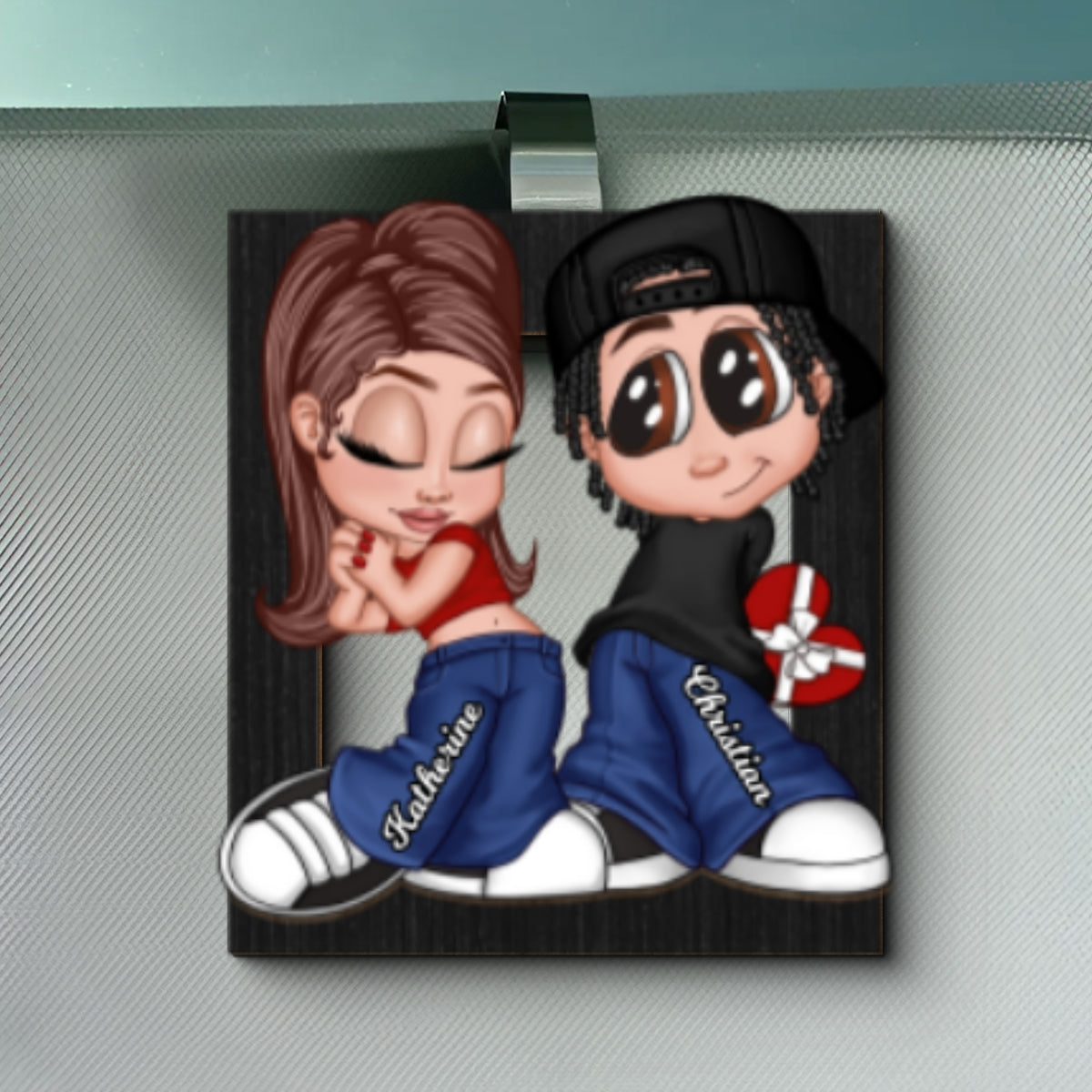 Y2K Couple Frame Personalized 2-layer Wooden Car Visor,  Gift for Him, Gift for Her