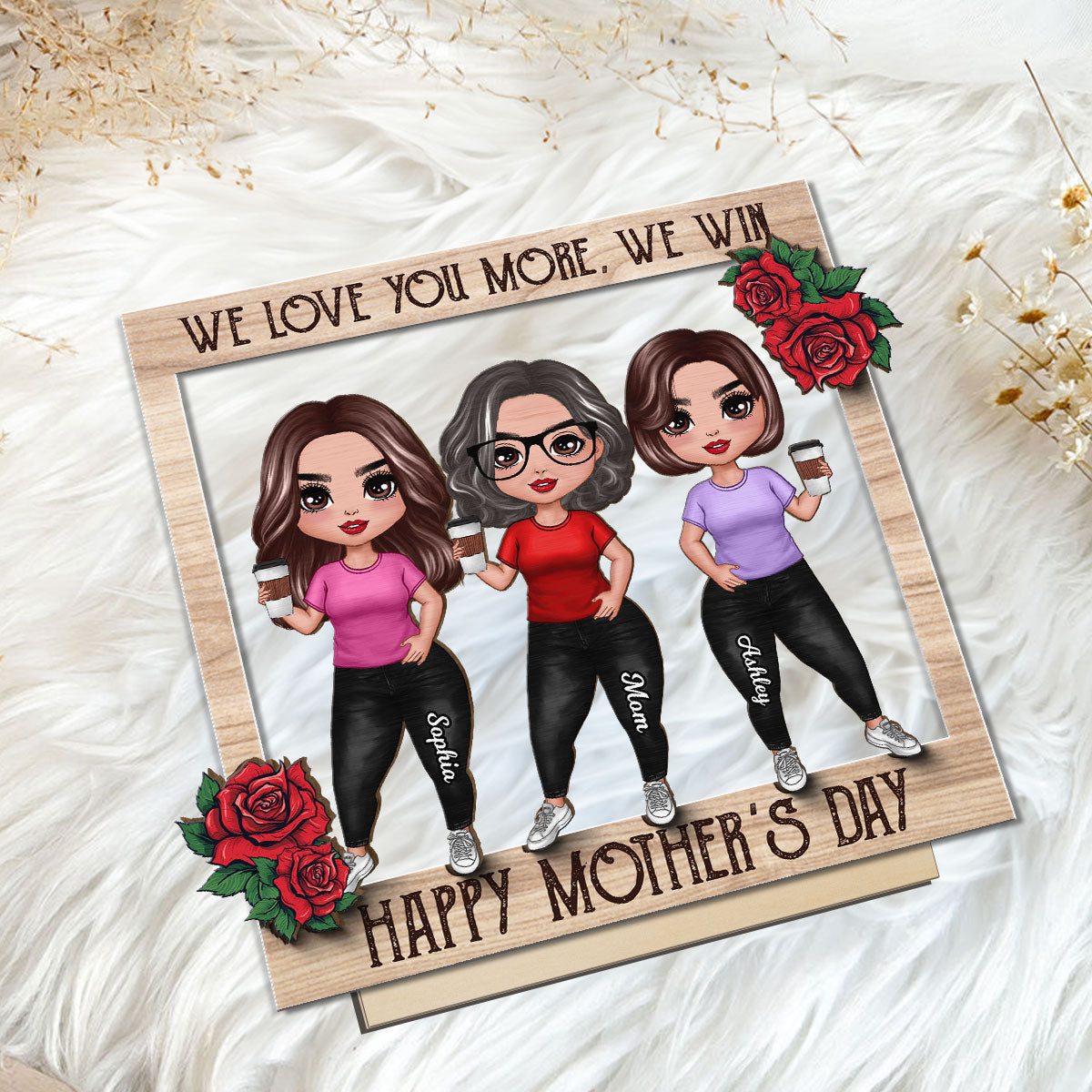 Roses Frame Mom And Daughter Personalized 2-Layer Standing Wooden Plaque
