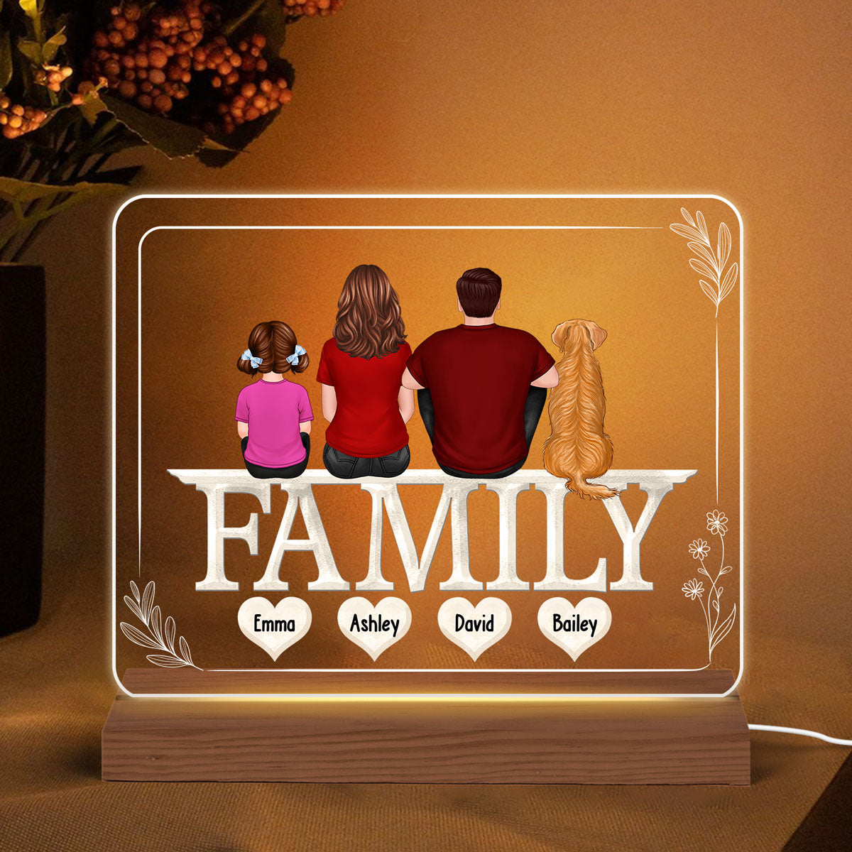 Family Back View Sitting On Text Personalized Acrylic Custom Shape LED Night Light