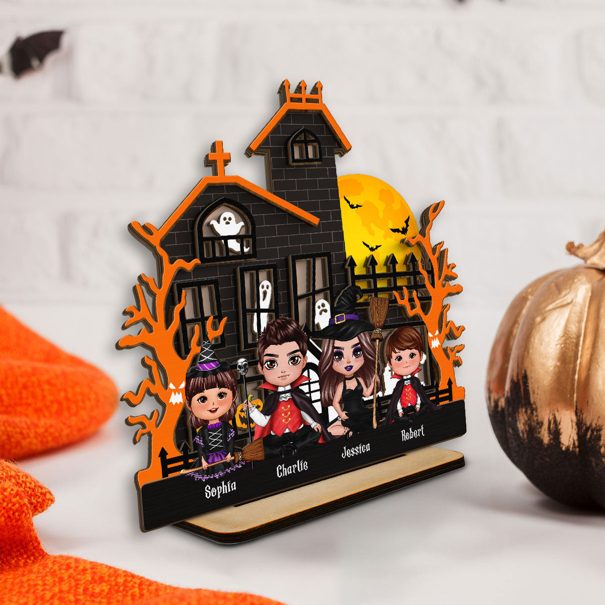 Halloween Family Sitting Haunted House Personalized 2-Layer Standing Wooden Plaque