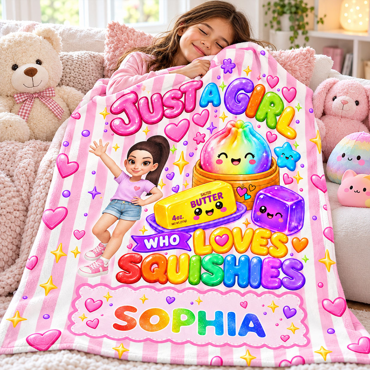 Just A Girl Who Loves Squishies - Personalized Fleece Blanket - Christmas Gift For Girl, Granddaughter, Daughter