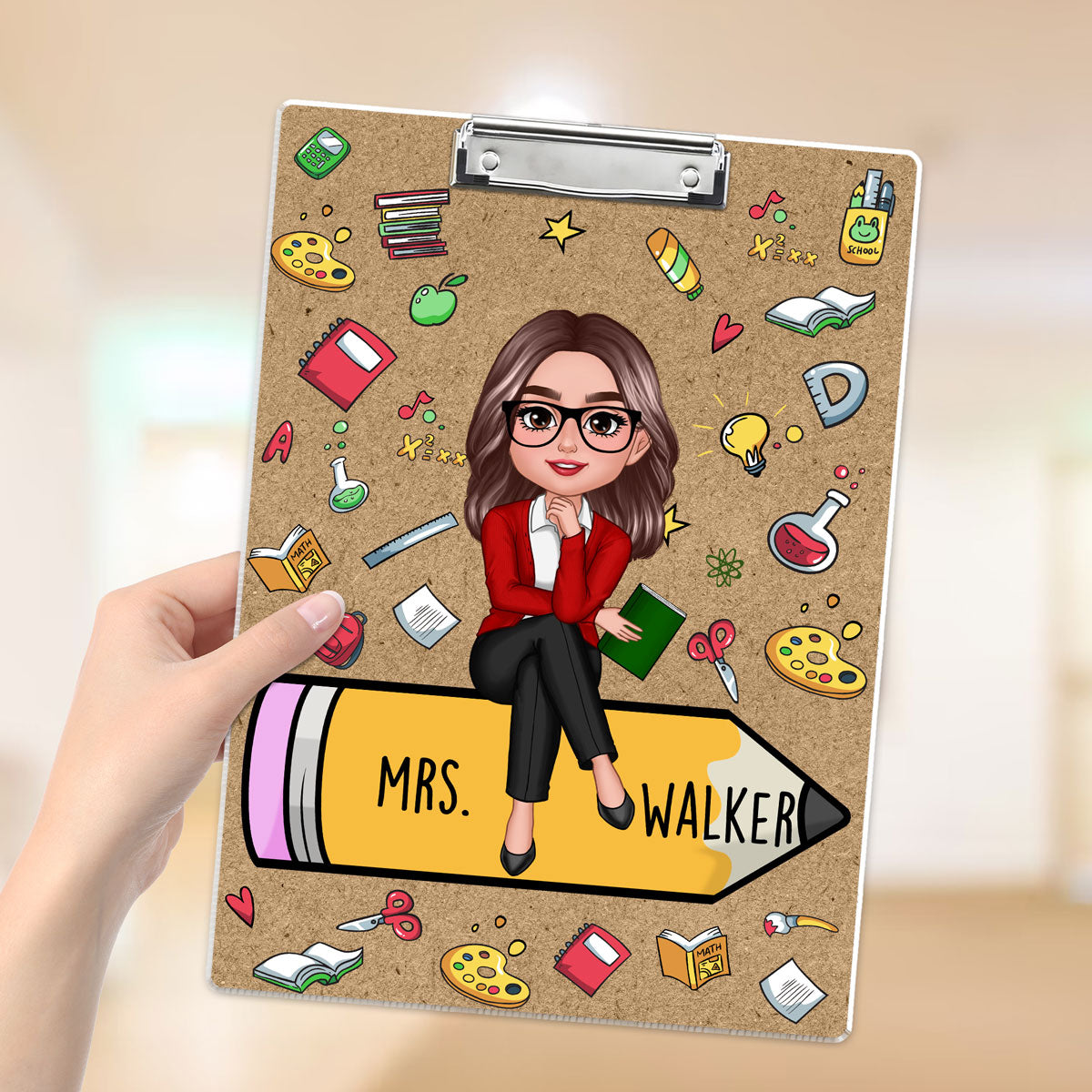 Teacher Sitting On Pencil School Things Personalized Clipboard, Gift For Teacher, Teacher Appreciation Gift, Back To School Gift