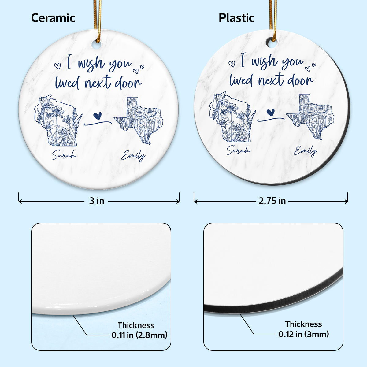 Wish You Lived Next Door Blue Floral State Map Personalized Long Distance Friendship Ornament, Moving Away Gift