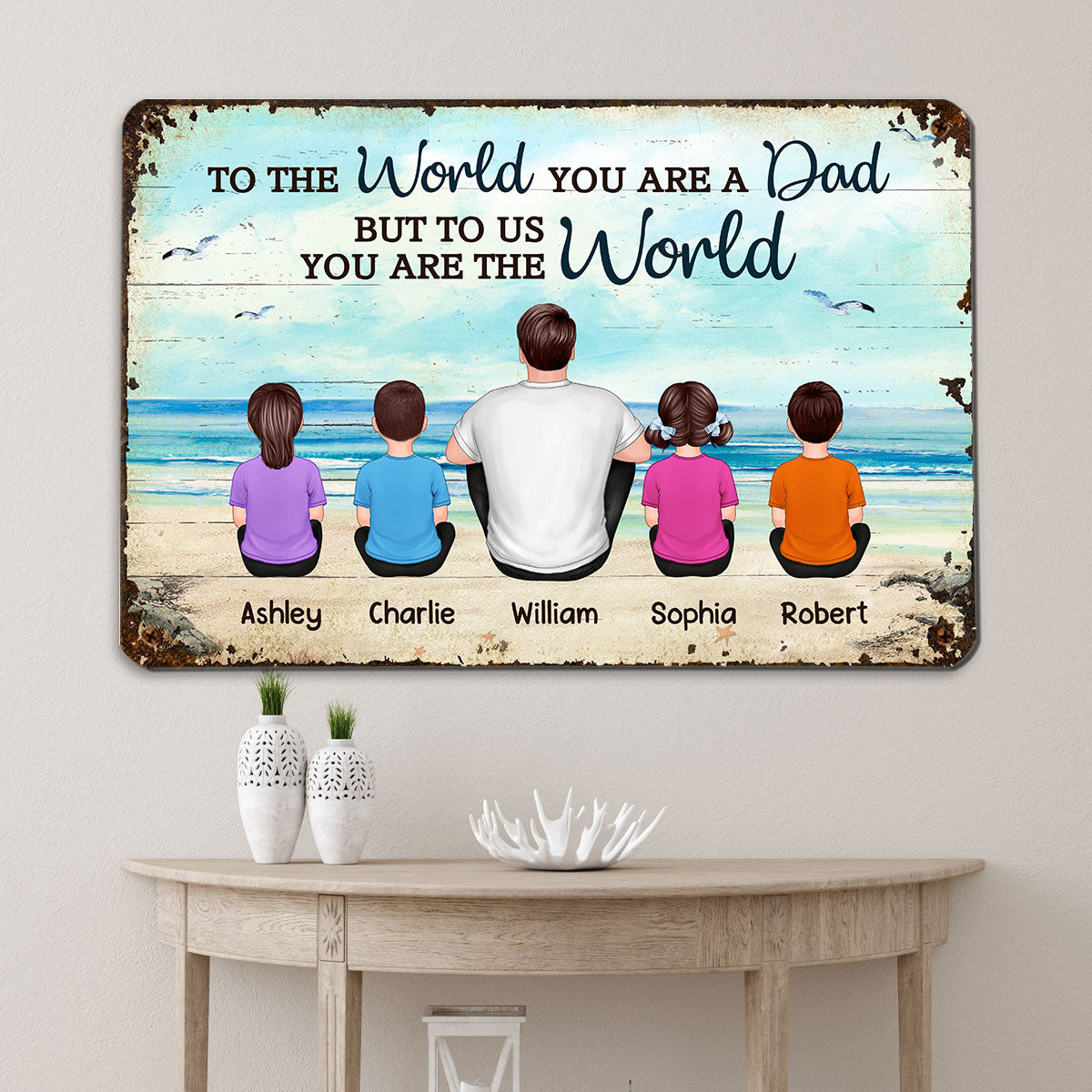 Beach Landscape Dad Grandpa We Love You Back View Dad And Kids Dogs Cats Sitting Personalized Metal Sign