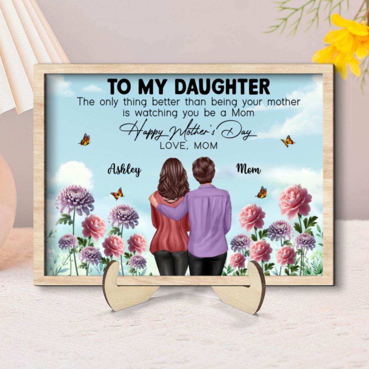 To My Daughter From Mom Happy Mother's Day Birth Flower Personalized 2-Layer Wooden Plaque, Gift For Daughter