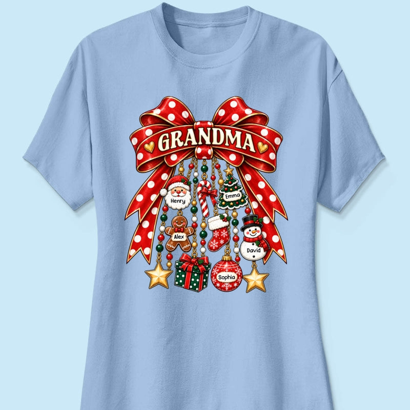 Grandma Retro Christmas Charm Bow - Personalized Shirt - Trendy Christmas Tee for Grandma