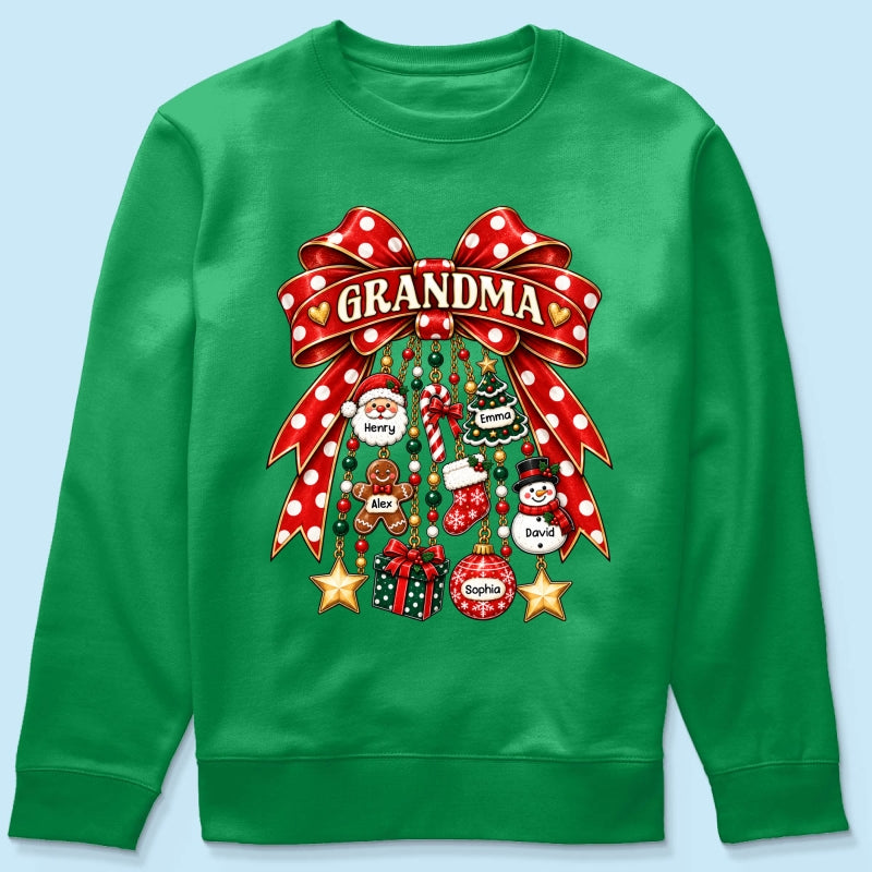 Grandma Retro Christmas Charm Bow - Personalized Shirt - Trendy Christmas Tee for Grandma