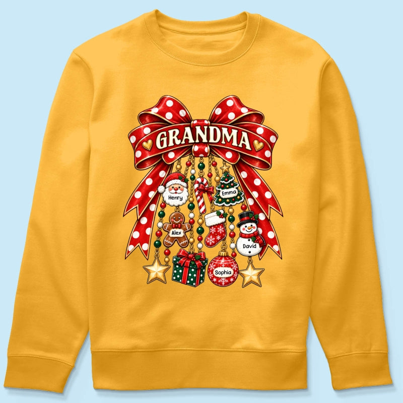 Grandma Retro Christmas Charm Bow - Personalized Shirt - Trendy Christmas Tee for Grandma