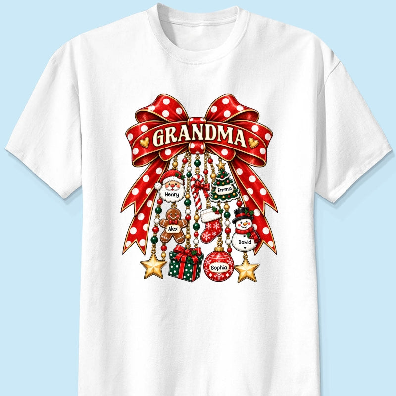 Grandma Retro Christmas Charm Bow - Personalized Shirt - Trendy Christmas Tee for Grandma
