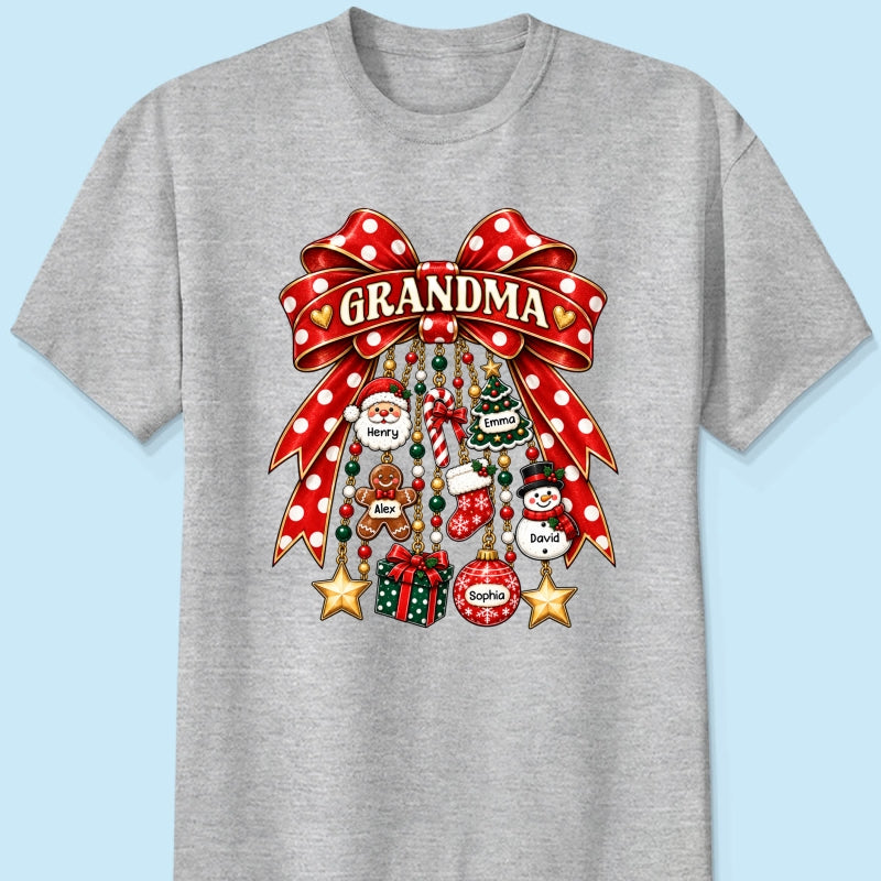 Grandma Retro Christmas Charm Bow - Personalized Shirt - Trendy Christmas Tee for Grandma