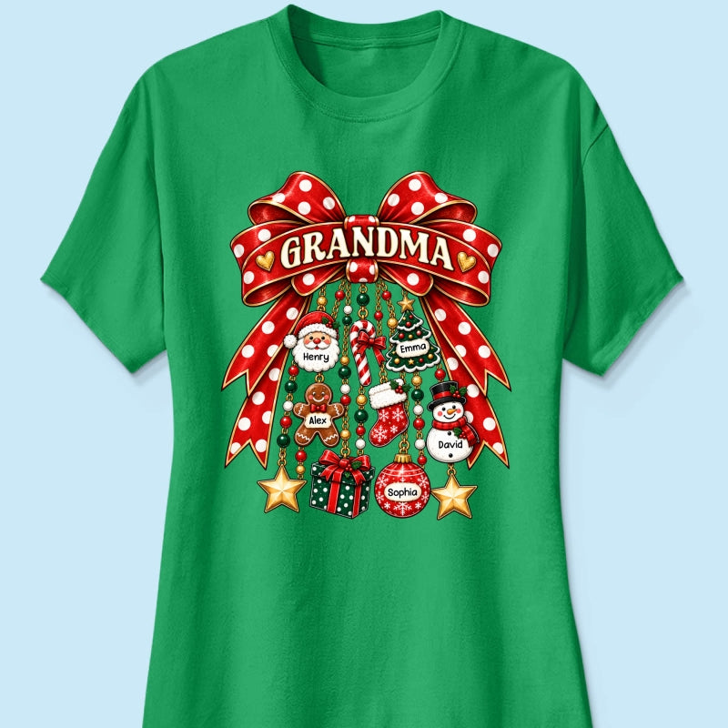 Grandma Retro Christmas Charm Bow - Personalized Shirt - Trendy Christmas Tee for Grandma