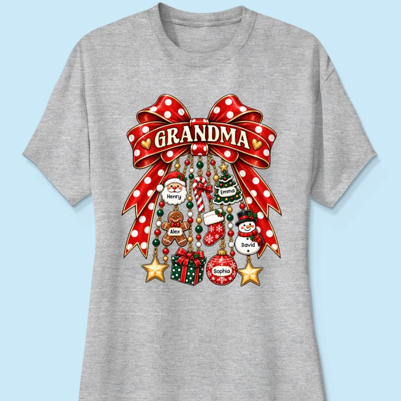 Grandma Retro Christmas Charm Bow - Personalized Shirt - Trendy Christmas Tee for Grandma