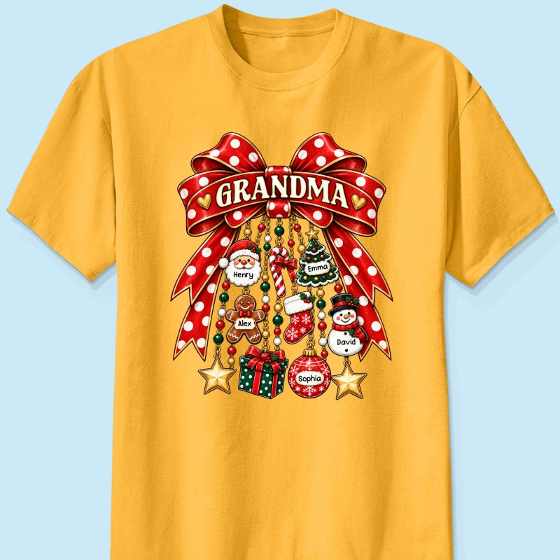 Grandma Retro Christmas Charm Bow - Personalized Shirt - Trendy Christmas Tee for Grandma