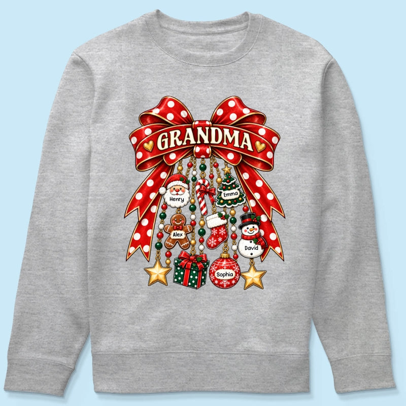 Grandma Retro Christmas Charm Bow - Personalized Shirt - Trendy Christmas Tee for Grandma