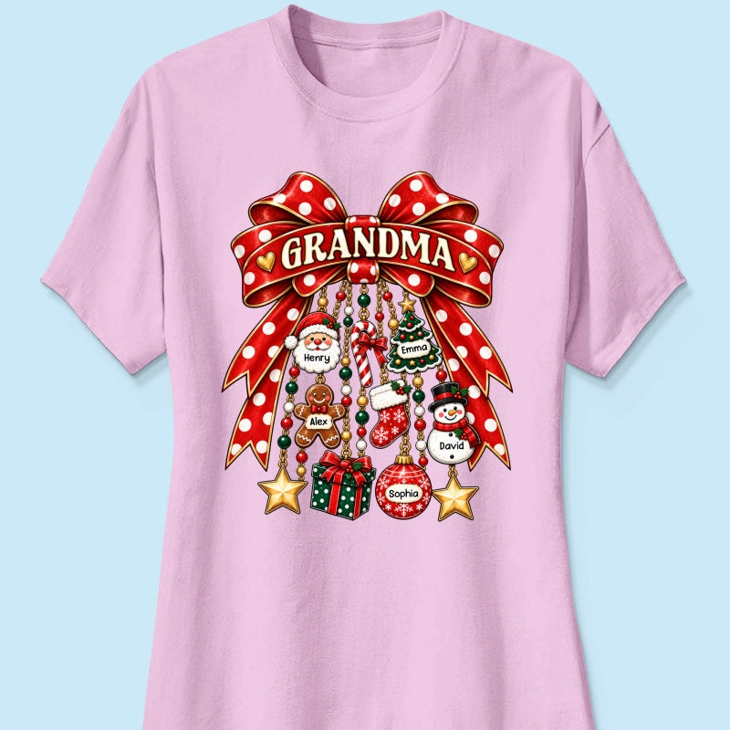 Grandma Retro Christmas Charm Bow - Personalized Shirt - Trendy Christmas Tee for Grandma