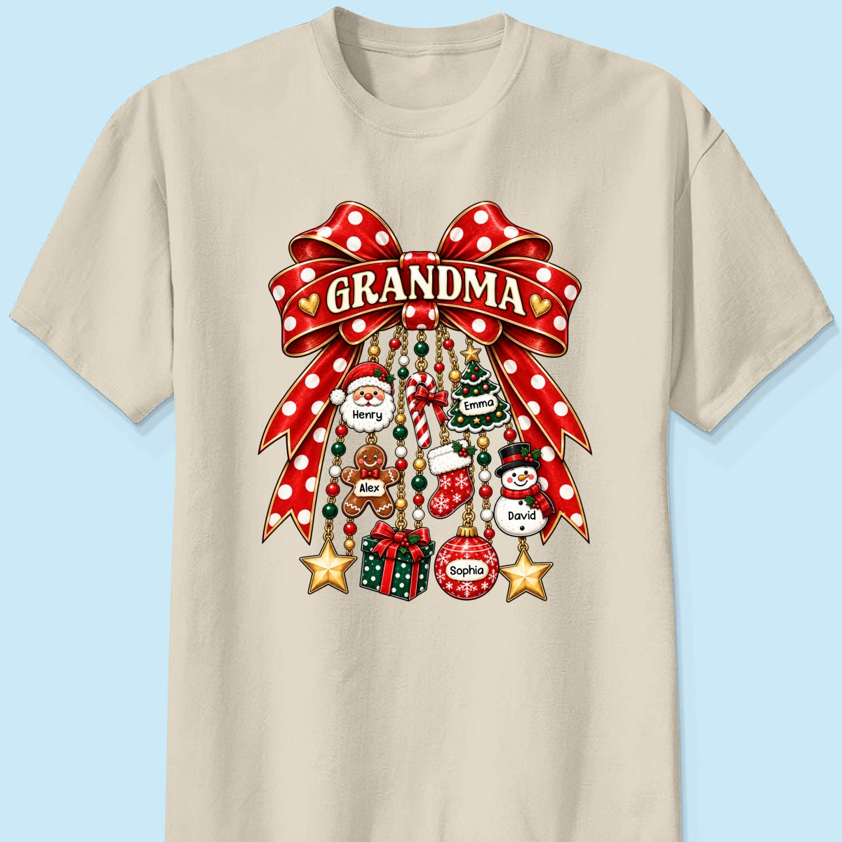 Grandma Retro Christmas Charm Bow - Personalized Shirt - Trendy Christmas Tee for Grandma