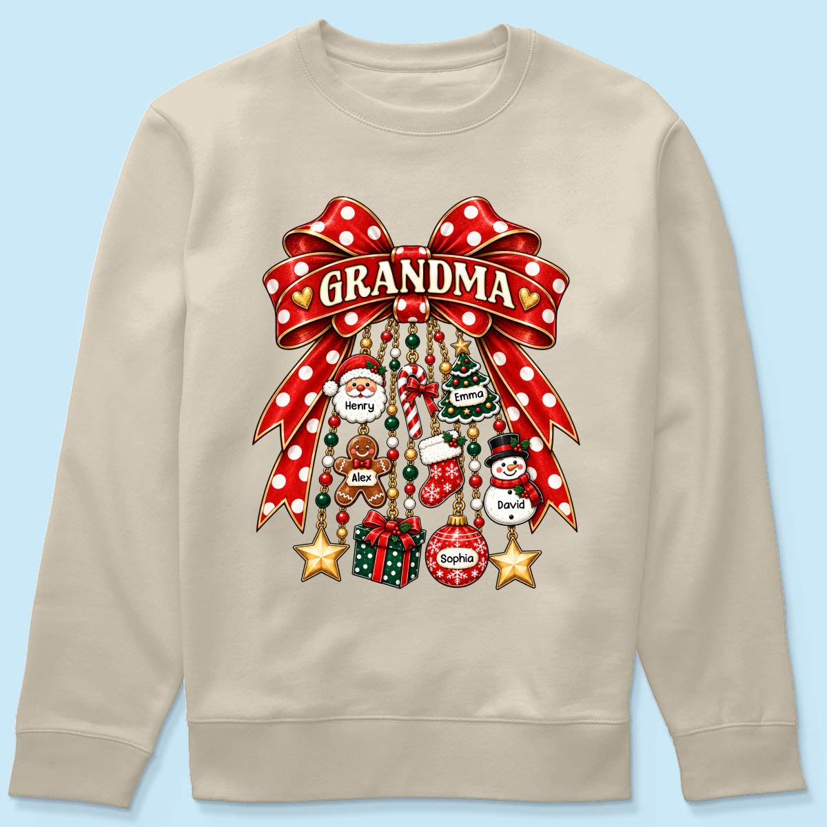 Grandma Retro Christmas Charm Bow - Personalized Shirt - Trendy Christmas Tee for Grandma